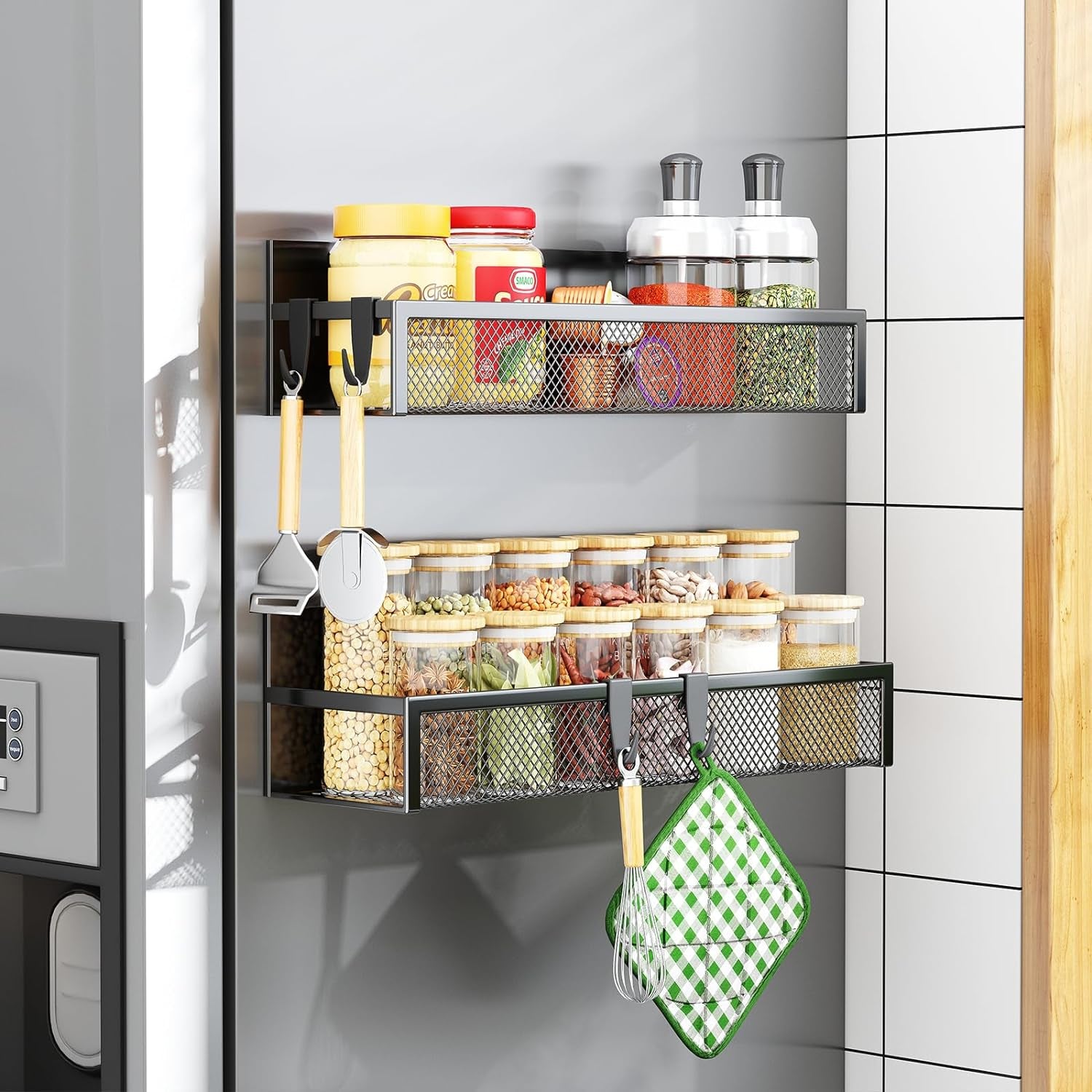 Magnetic Spice Rack Set for Refrigerator - 2-Pack Shelf Organizer with Adjustable Hooks for Kitchen Storage and Organization