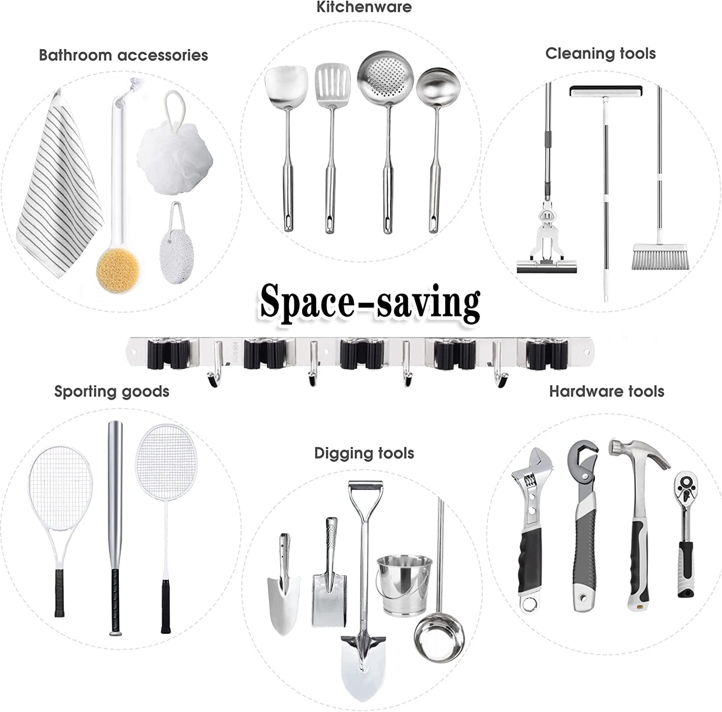 Heavy-Duty Stainless Steel Wall-Mounted Broom Holder with 5 Holders and 4 Hooks, Nail Installation and Self-Adhesive Storage Solutions