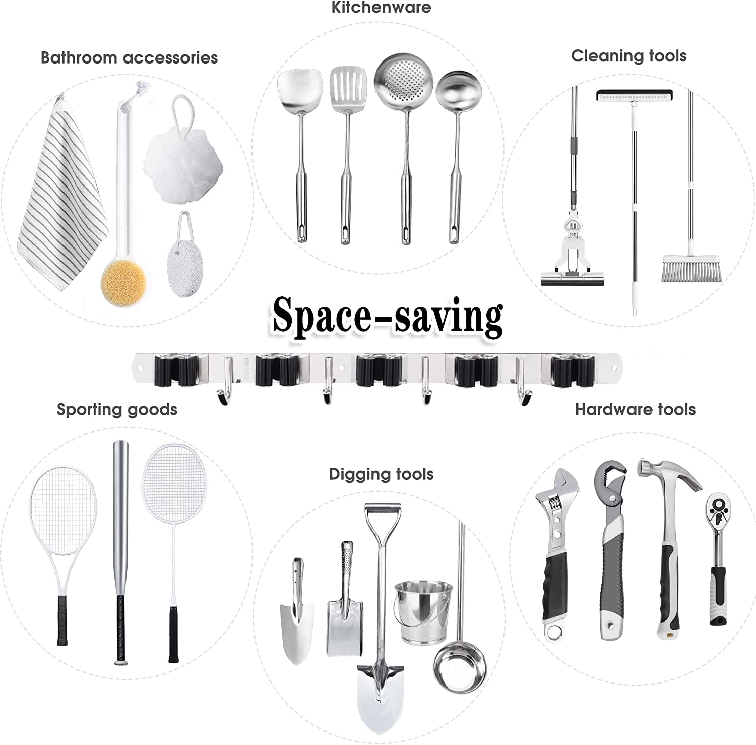 Heavy-Duty Stainless Steel Wall-Mounted Broom Holder with 5 Holders and 4 Hooks, Nail Installation and Self-Adhesive Storage Solutions