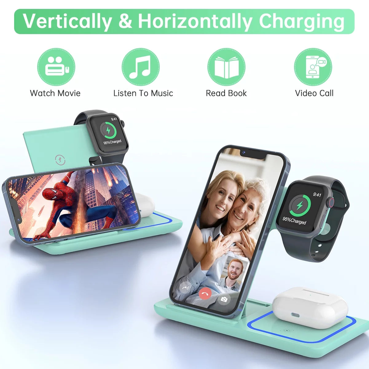 2025 Upgraded 18W 3-in-1 Wireless Charging Station for iPhone 16/15/14/13/12/11 Pro, AirPods, Apple Watch Series 10-3, and Samsung Phones (Green)