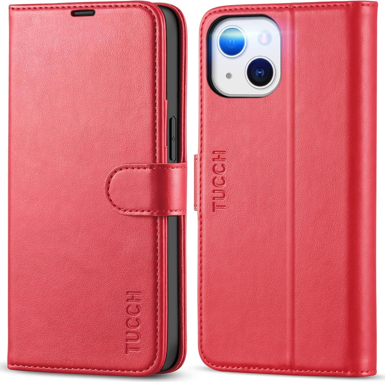 iPhone 13 6.1-Inch Wallet Case with RFID Blocking, Card Slots, Shockproof TPU Interior, PU Leather Magnetic Flip Cover - Red