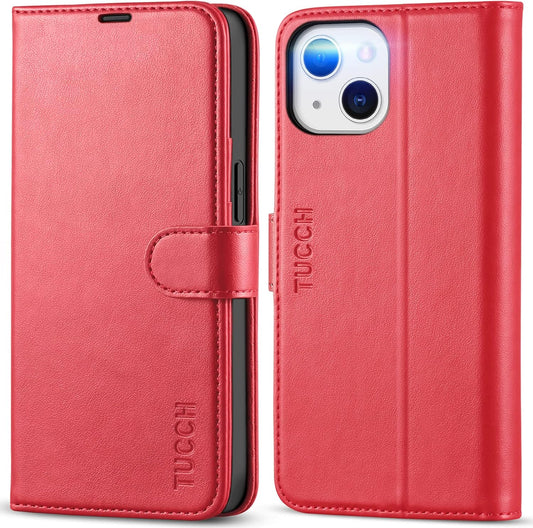 iPhone 13 6.1-Inch Wallet Case with RFID Blocking, Card Slots, Shockproof TPU Interior, PU Leather Magnetic Flip Cover - Red