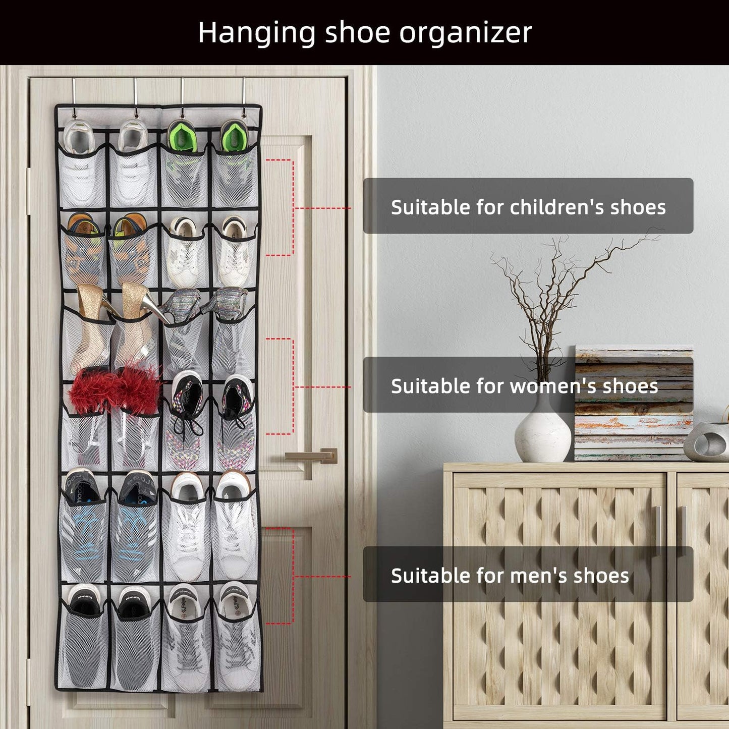 Over-the-Door Shoe Organizer with 24 Large Mesh Pockets - Versatile Hanging Storage Solution for Men, Women, and Kids (White)