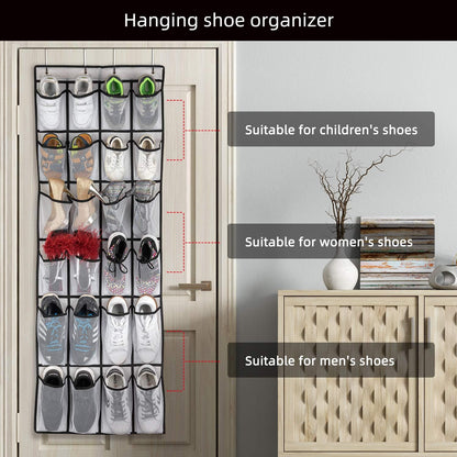 Over-the-Door Shoe Organizer with 24 Large Mesh Pockets - Versatile Hanging Storage Solution for Men, Women, and Kids (White)