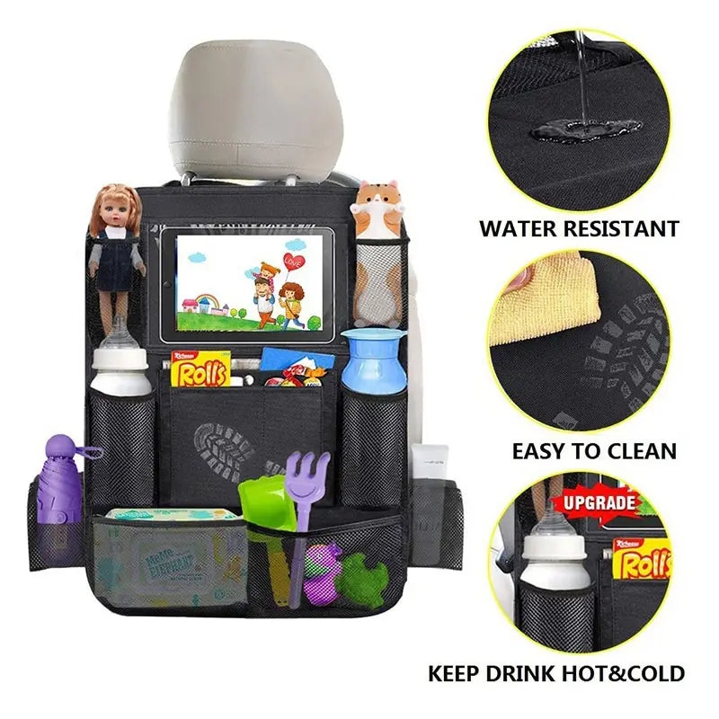 Car Back Seat Organizer with Touchscreen Tablet Holder and Automatic Storage Compartment for Travel