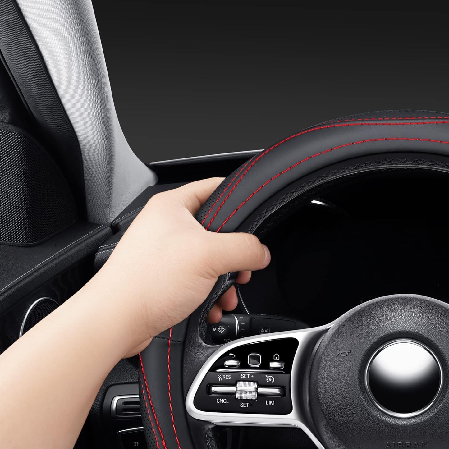 Microfiber Leather 15" Universal Fit Car Steering Wheel Cover, Elastic Breathable and Odorless, Black with Red Accent