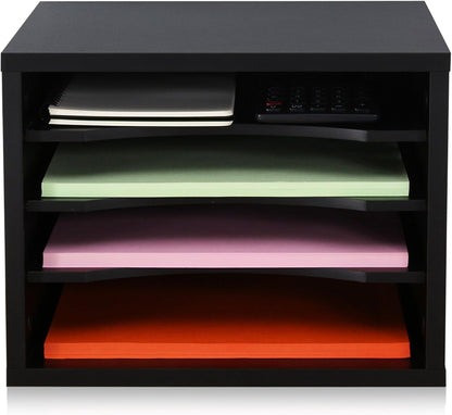 Wooden Desk Paper Organizer with Four-Tiered Storage, Adjustable Shelves for Document Sorting, Home Office File Holder in Black