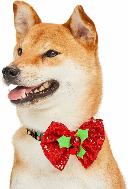 Christmas Holly Dog Collar with Bowtie, Adjustable 12"-16" Neck, Festive Collar for Small Dogs