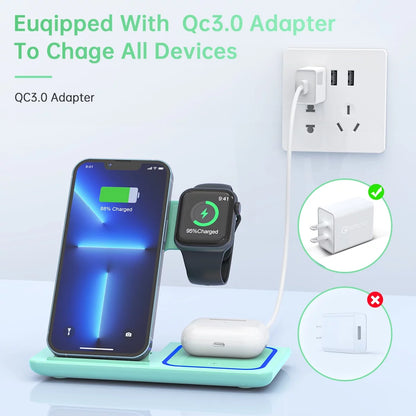 2025 Upgraded 18W 3-in-1 Wireless Charging Station for iPhone 16/15/14/13/12/11 Pro, AirPods, Apple Watch Series 10-3, and Samsung Phones (Green)