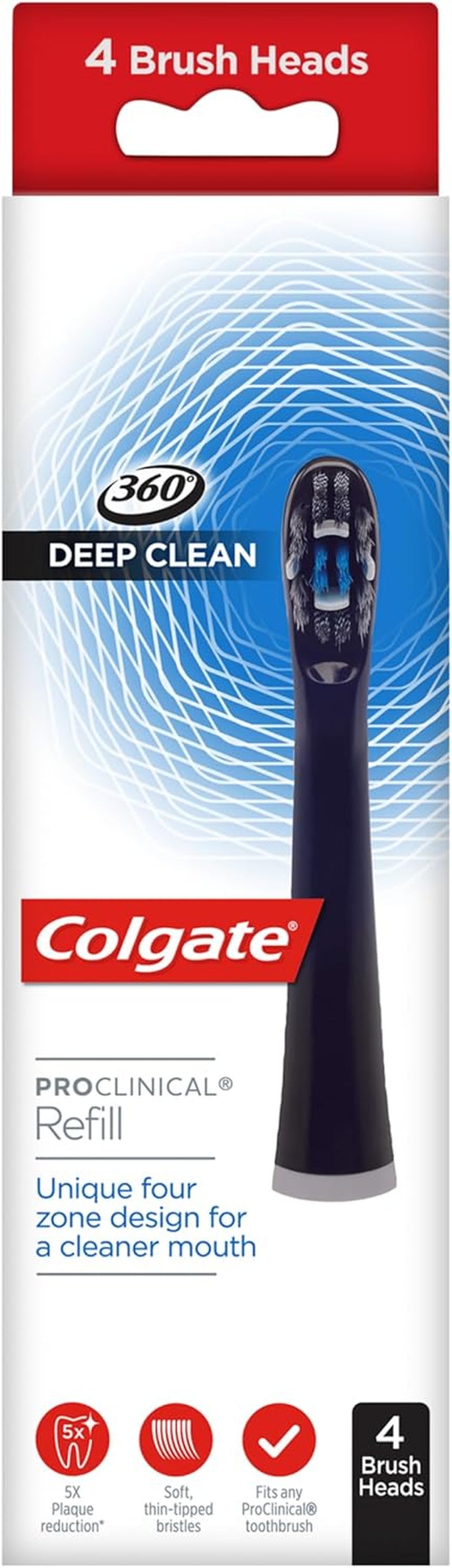360 Deep Clean Proclinical Toothbrush Head Refills, Soft Bristles for Effective Plaque Removal, Set of 4