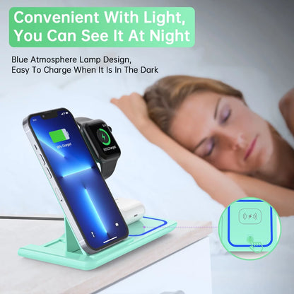 2025 Upgraded 18W 3-in-1 Wireless Charging Station for iPhone 16/15/14/13/12/11 Pro, AirPods, Apple Watch Series 10-3, and Samsung Phones (Green)