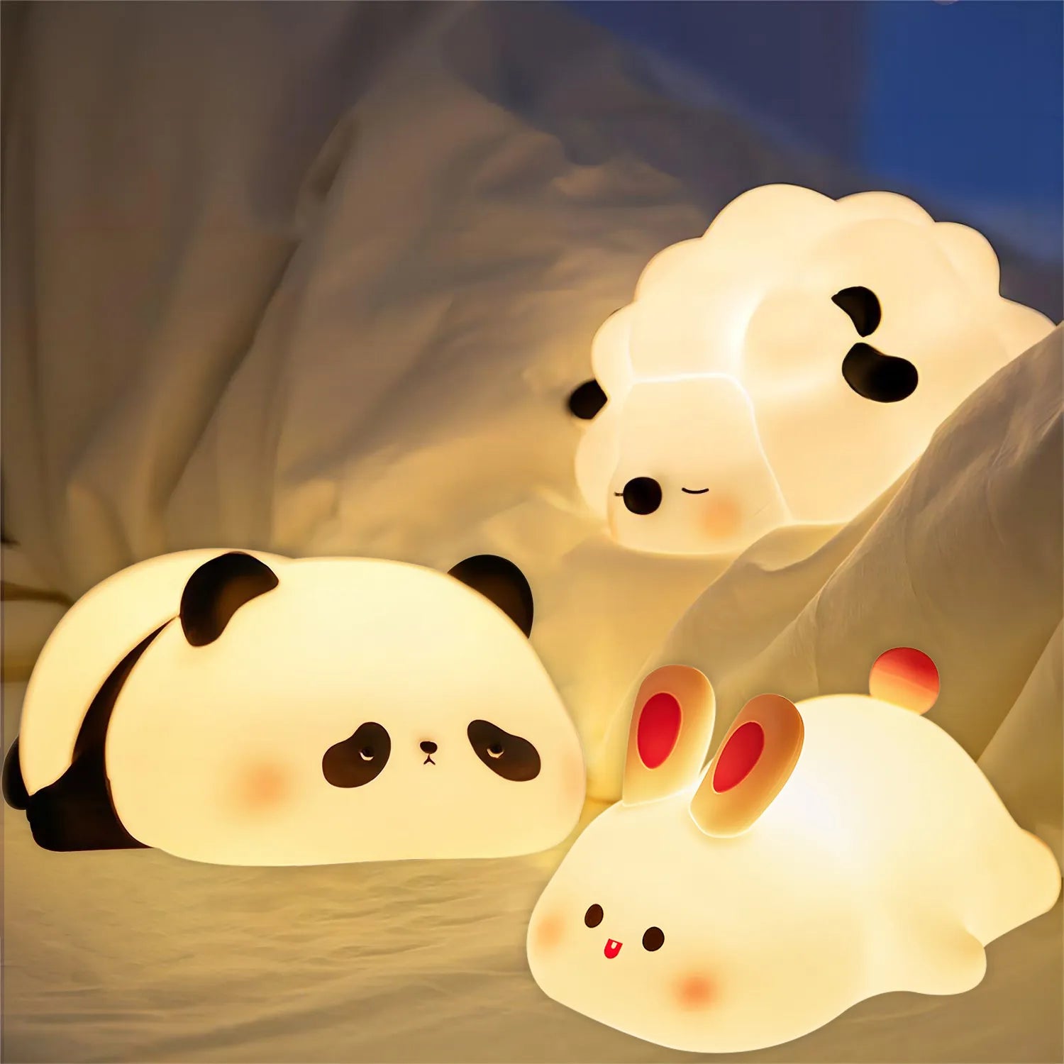 Adorable LED Night Lights - Cute Sheep, Panda, and Rabbit Silicone Lamps for Kids - USB Rechargeable Bedside Decor & Perfect Birthday Gift