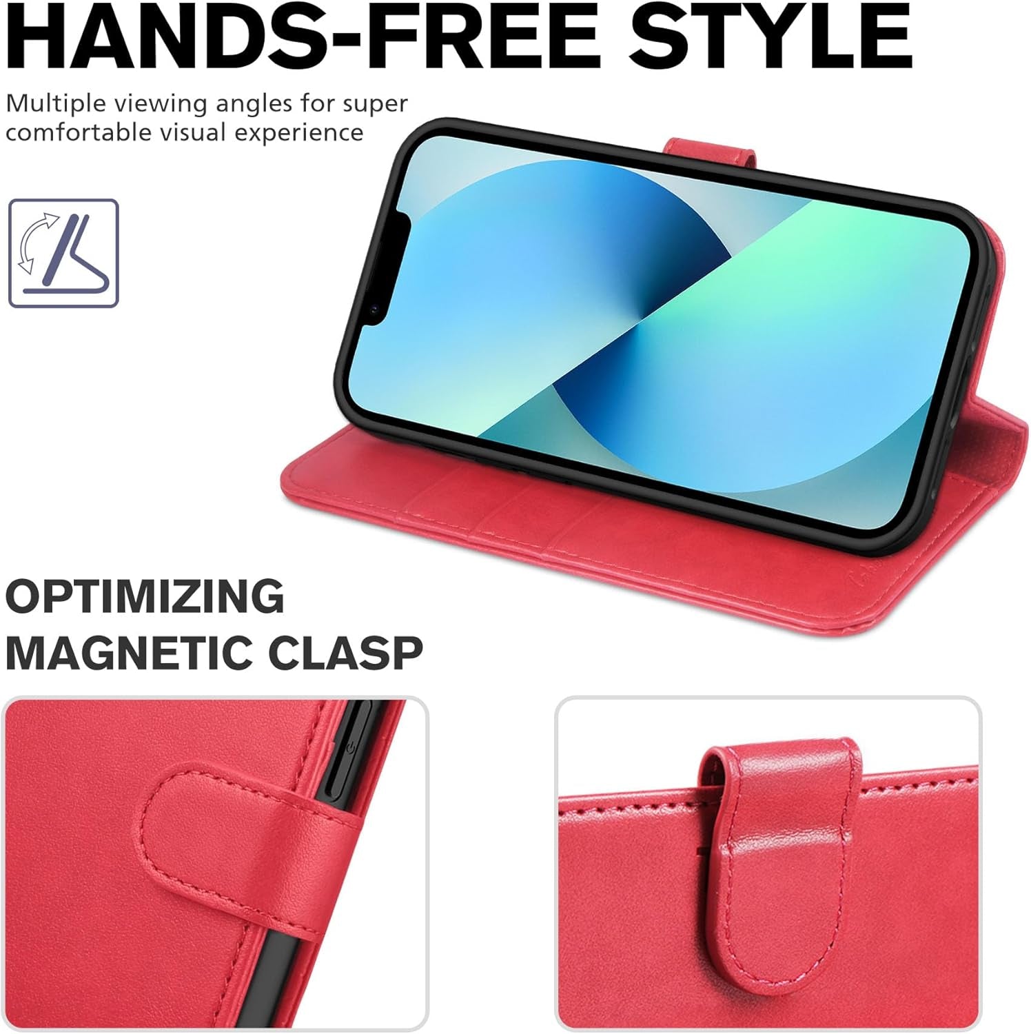 iPhone 13 6.1-Inch Wallet Case with RFID Blocking, Card Slots, Shockproof TPU Interior, PU Leather Magnetic Flip Cover - Red
