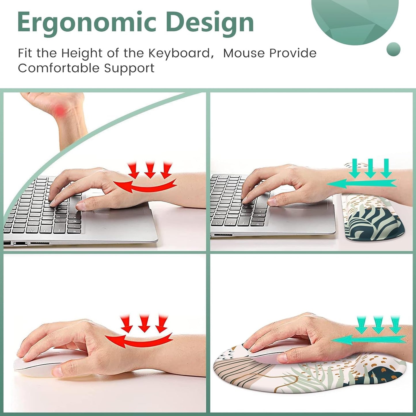 Ergonomic Mouse Pad and Wrist Support Set with Non-Slip Base for Enhanced Comfort and Pain Relief in Home Office, Featuring Tropical Plant Design and Coasters