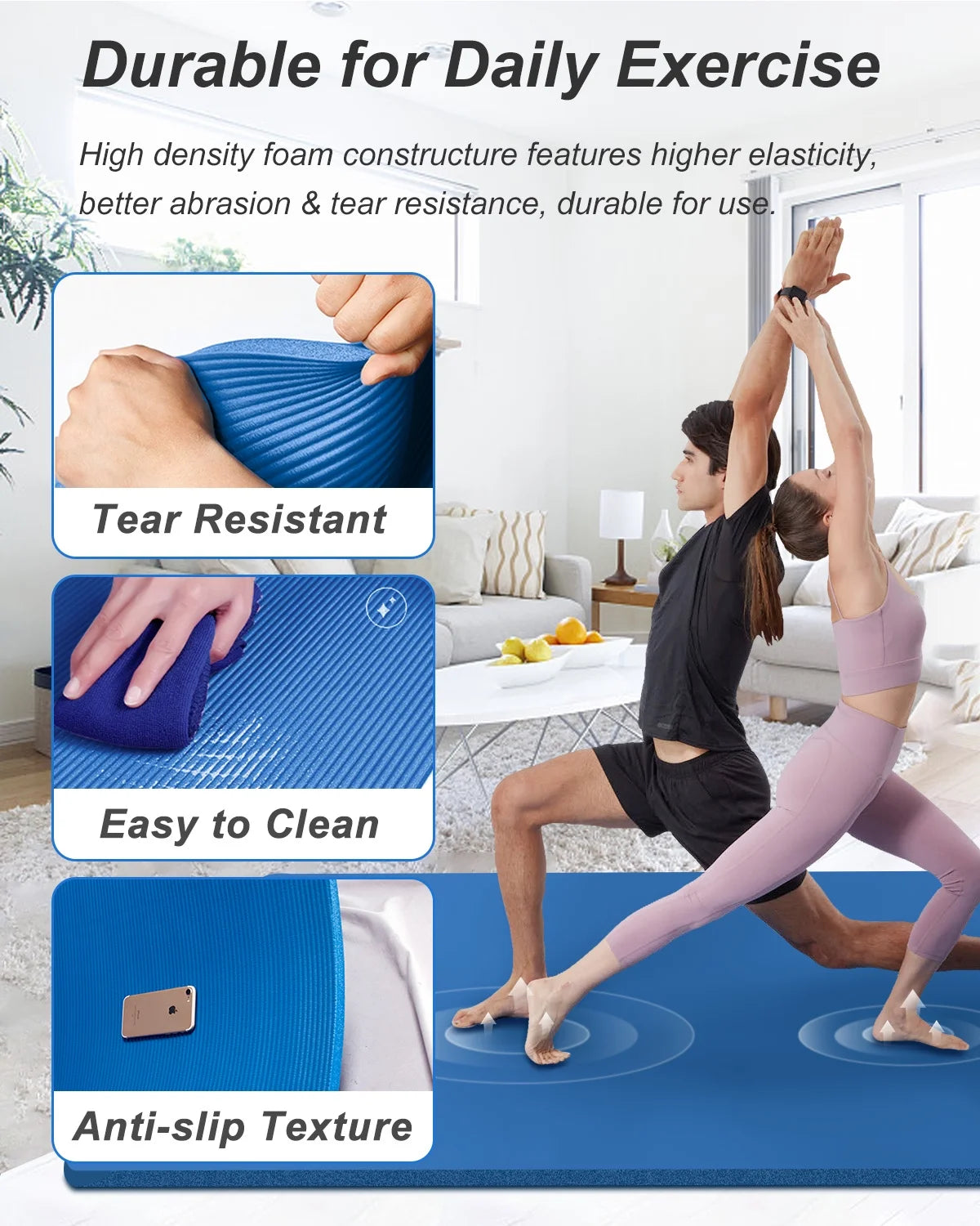Extra Thick 10mm NBR Foam Exercise Mat for Home Gym and Fitness Workouts, Blue, 78 x 51 Inches