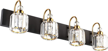 Modern LED Vanity Light Fixture with 4 Lights in Matte Black and Crystal Accents for Bathroom