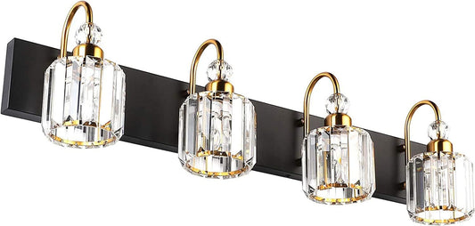 Modern LED Vanity Light Fixture with 4 Lights in Matte Black and Crystal Accents for Bathroom