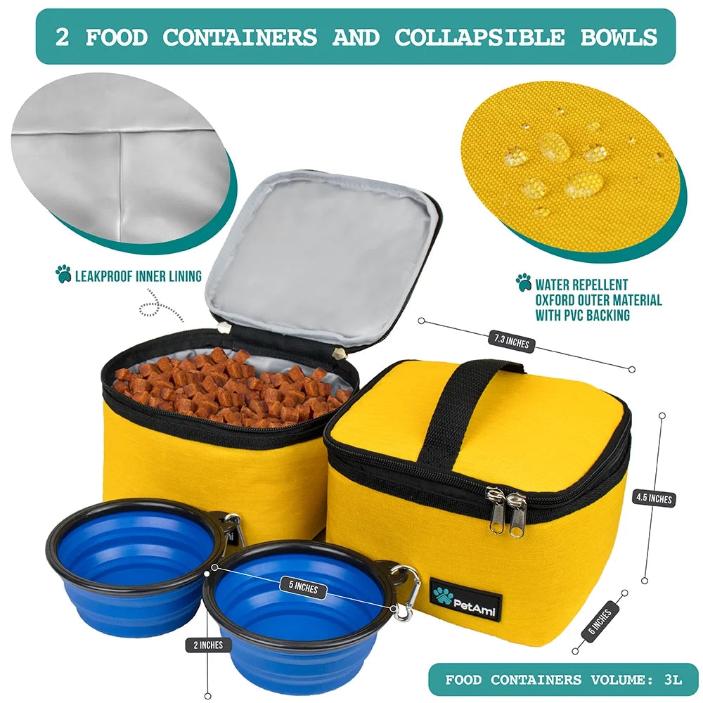 Medium Dog Travel Bag with Food Storage Containers and Bowls, Yellow, 22L Capacity