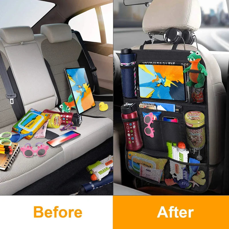 Car Back Seat Organizer with Touchscreen Tablet Holder and Automatic Storage Compartment for Travel