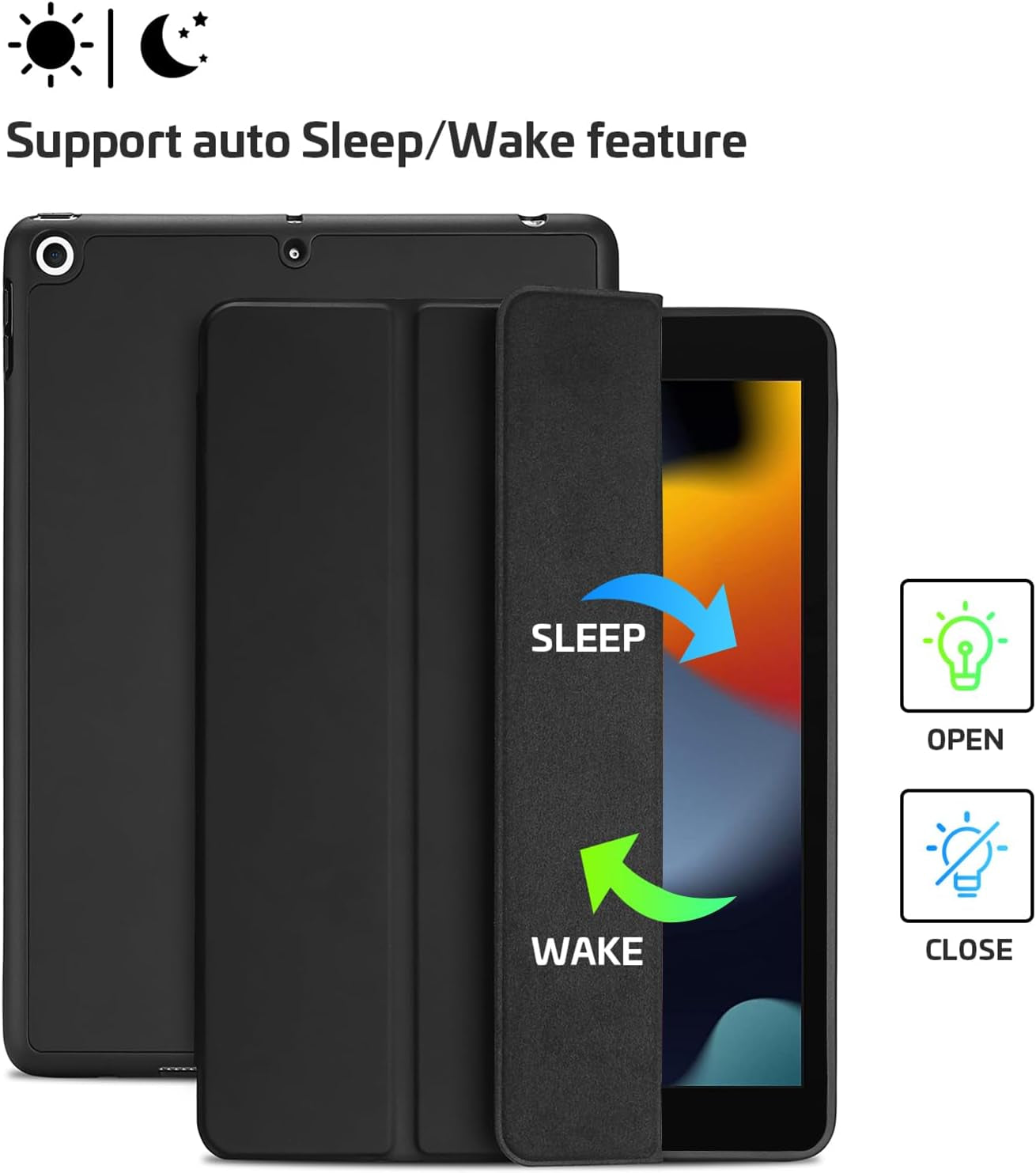 Smart Protective Case for iPad 10.2 (9th Gen 2021 / 8th Gen 2020 / 7th Gen 2019) with Pencil Holder, Soft TPU Back Cover, and Slim Stand - Black