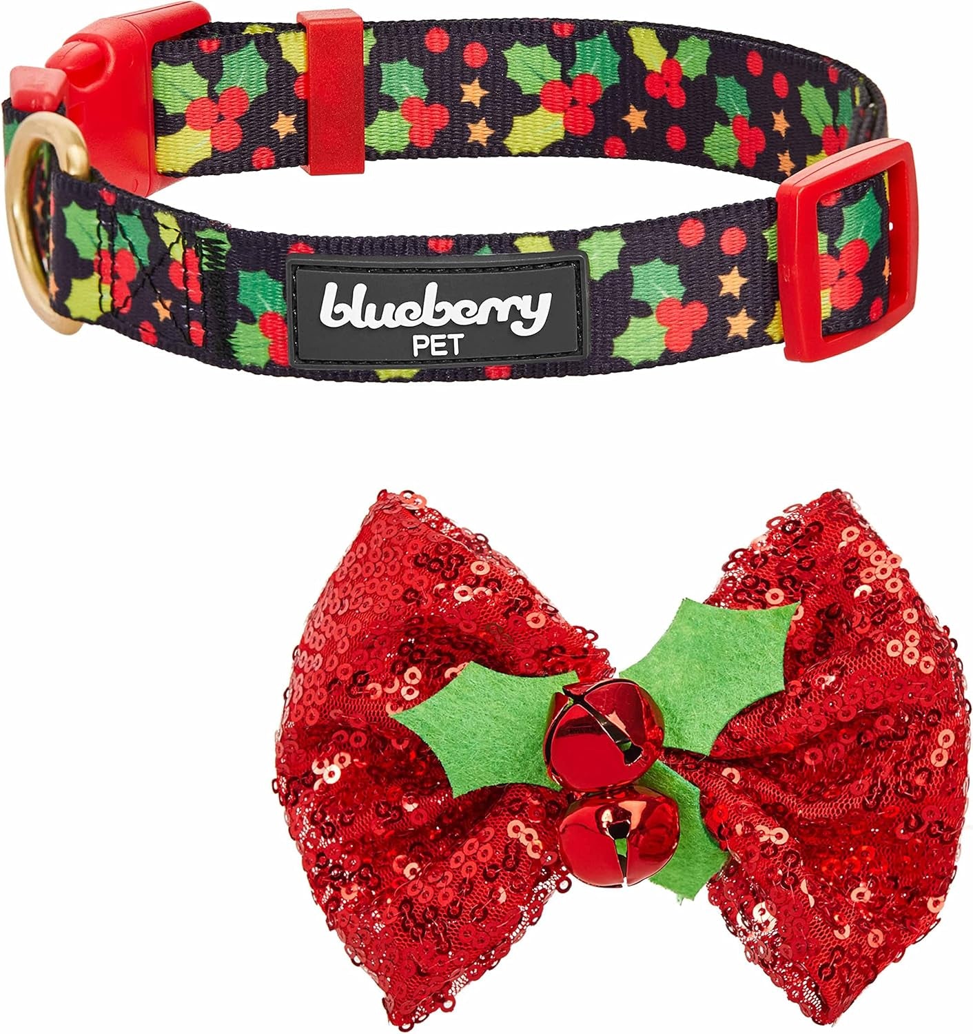 Christmas Holly Dog Collar with Bowtie, Adjustable 12"-16" Neck, Festive Collar for Small Dogs