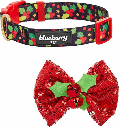 Christmas Holly Dog Collar with Bowtie, Adjustable 12"-16" Neck, Festive Collar for Small Dogs