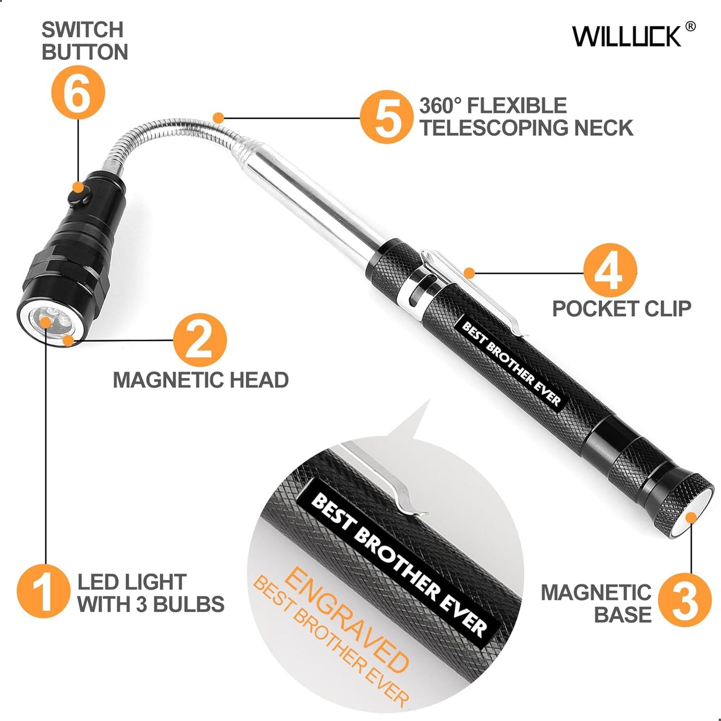 Magnetic Pickup Tool with LED - Ideal Gift for the Best Brother Ever, Perfect for Birthdays, Christmas, and Father's Day from Sister