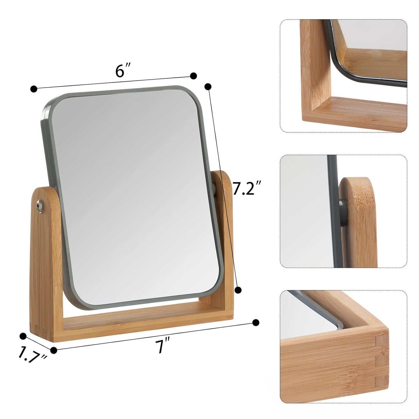 3X Double-Sided Magnifying Makeup Mirror with Bamboo Stand, Compact 360° Rotating Design, Ideal for Shower, Shaving, and Travel - Grey