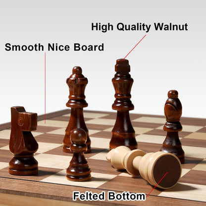 Premium 15" Wooden Magnetic Chess Set for Adults and Children, Handcrafted Folding Travel Board with Storage Slots and Additional Queens