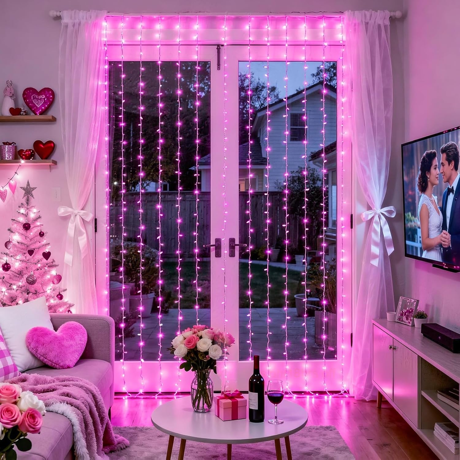 300 LED Pink Curtain Lights with Remote Control - Versatile Indoor/Outdoor Décor for Bedrooms, Parties, and Special Occasions, 9.8 x 9.8 Ft