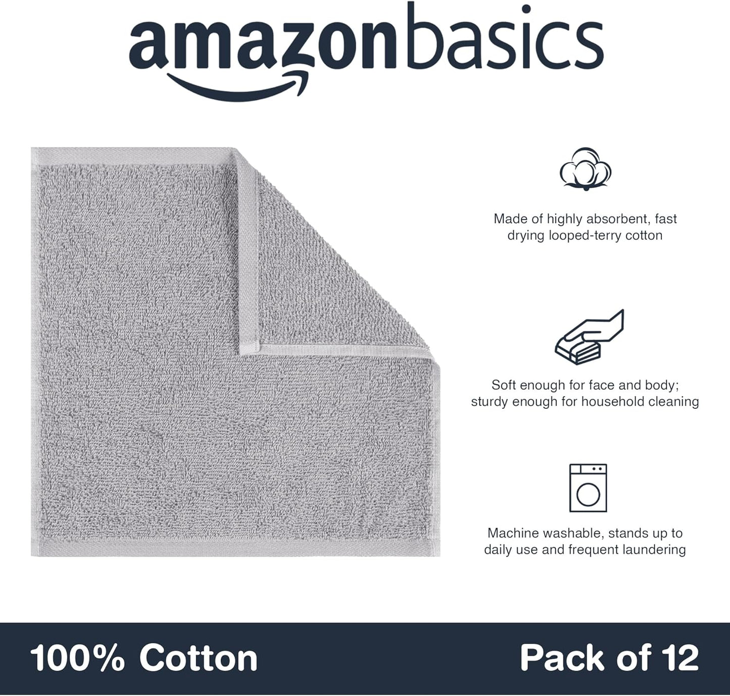 Wash Cloth Set, 100% Cotton, Extra Absorbent, Quick Drying, 30 X 30 Cm, Grey, Pack of 12