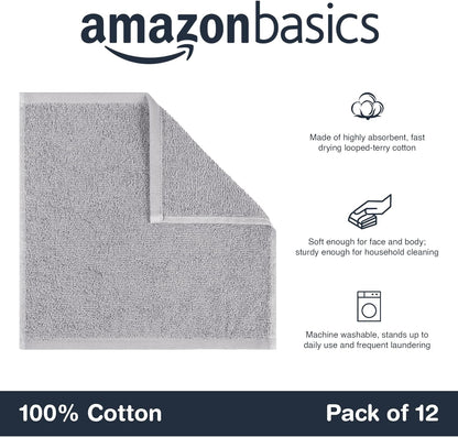 Wash Cloth Set, 100% Cotton, Extra Absorbent, Quick Drying, 30 X 30 Cm, Grey, Pack of 12