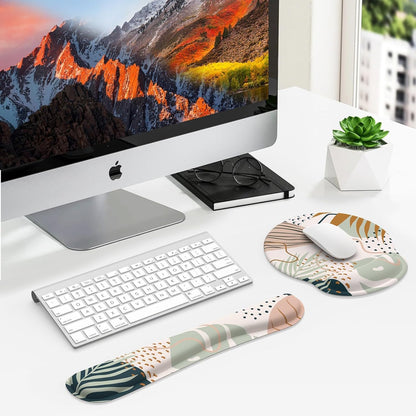 Ergonomic Mouse Pad and Wrist Support Set with Non-Slip Base for Enhanced Comfort and Pain Relief in Home Office, Featuring Tropical Plant Design and Coasters