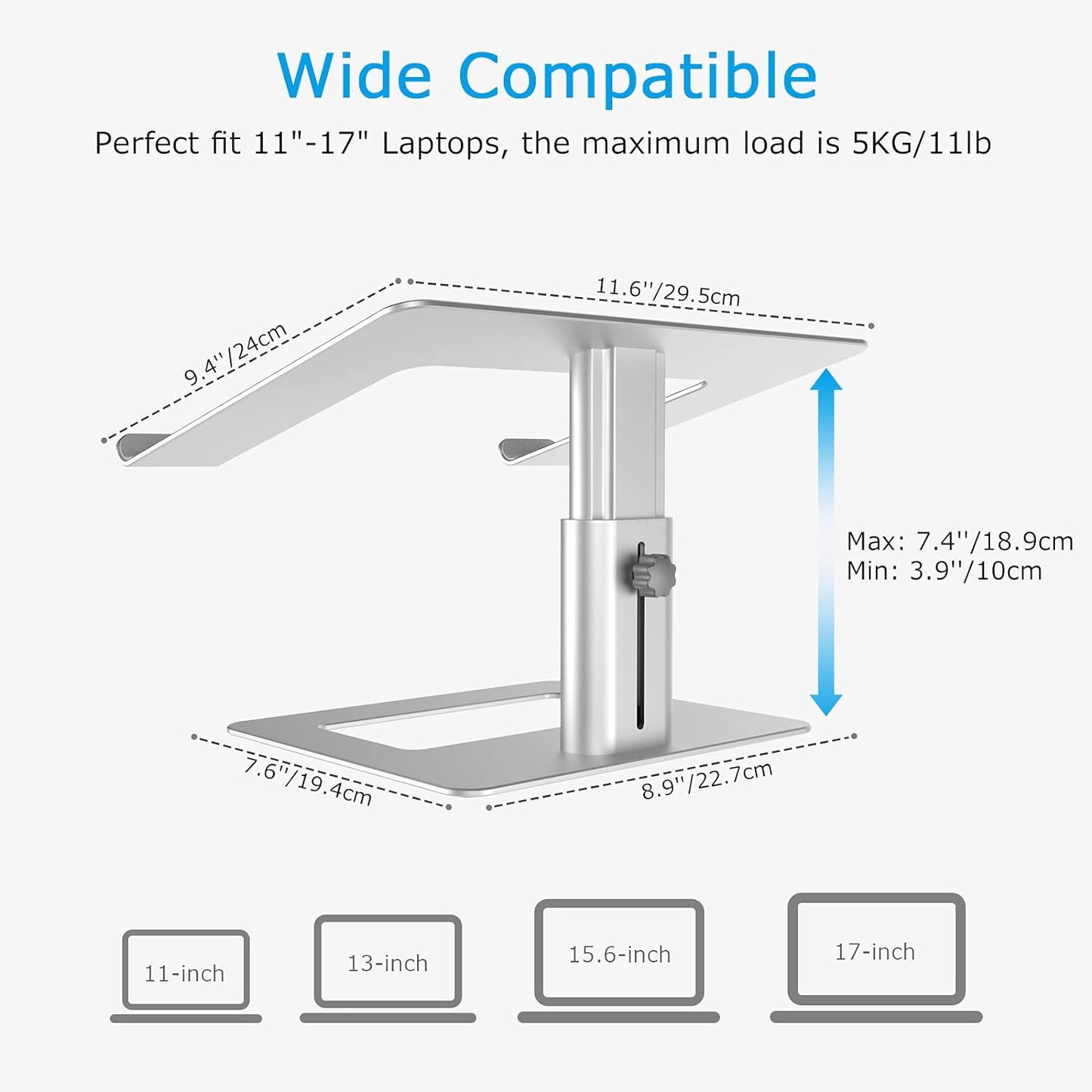 Ergonomic Aluminum Laptop Stand with Height Adjustment for 11-17" Laptops, Compatible with MacBook Pro/Air, Dell, Lenovo, HP, Samsung, and More