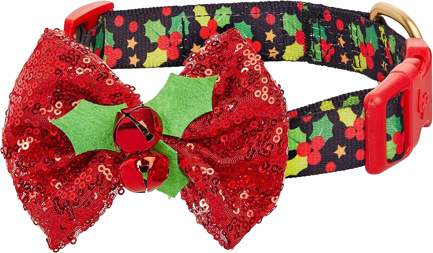 Christmas Holly Dog Collar with Bowtie, Adjustable 12"-16" Neck, Festive Collar for Small Dogs