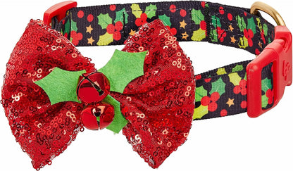 Christmas Holly Dog Collar with Bowtie, Adjustable 12"-16" Neck, Festive Collar for Small Dogs