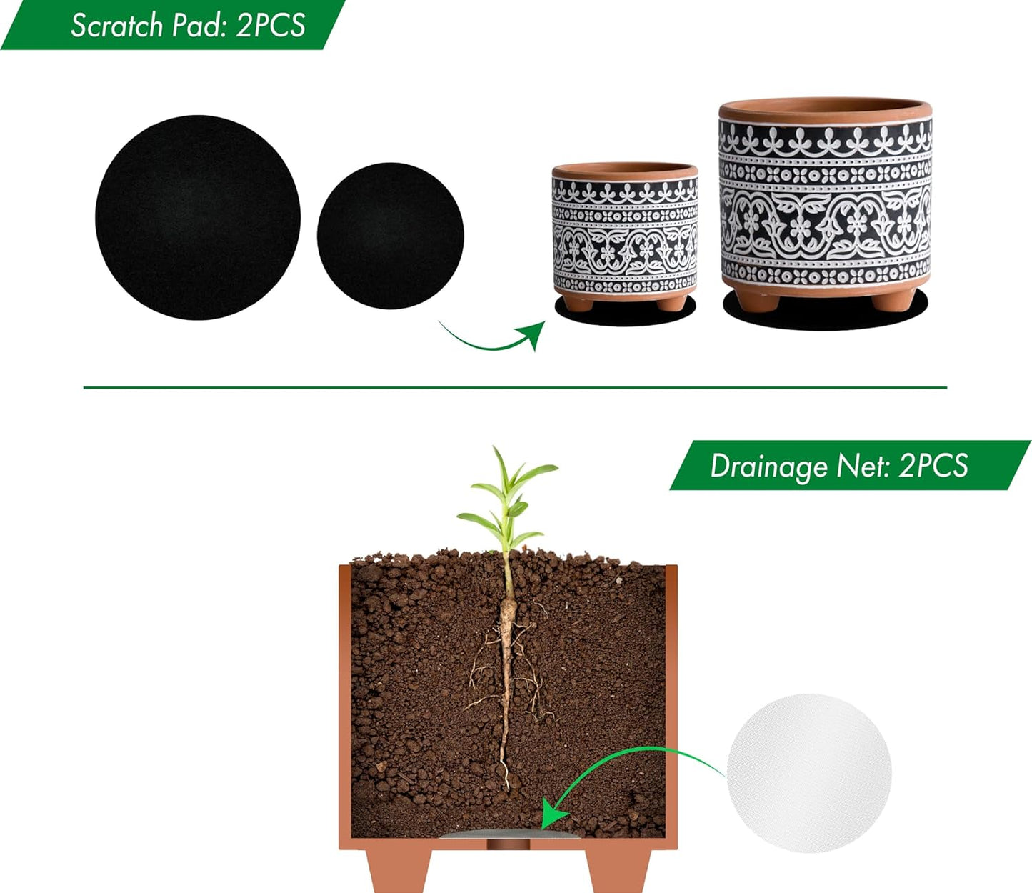 Set of Two Terracotta Planter Pots with Drainage Holes, 4-Inch and 6-Inch, Midnight Lace Design, Terracotta/Black