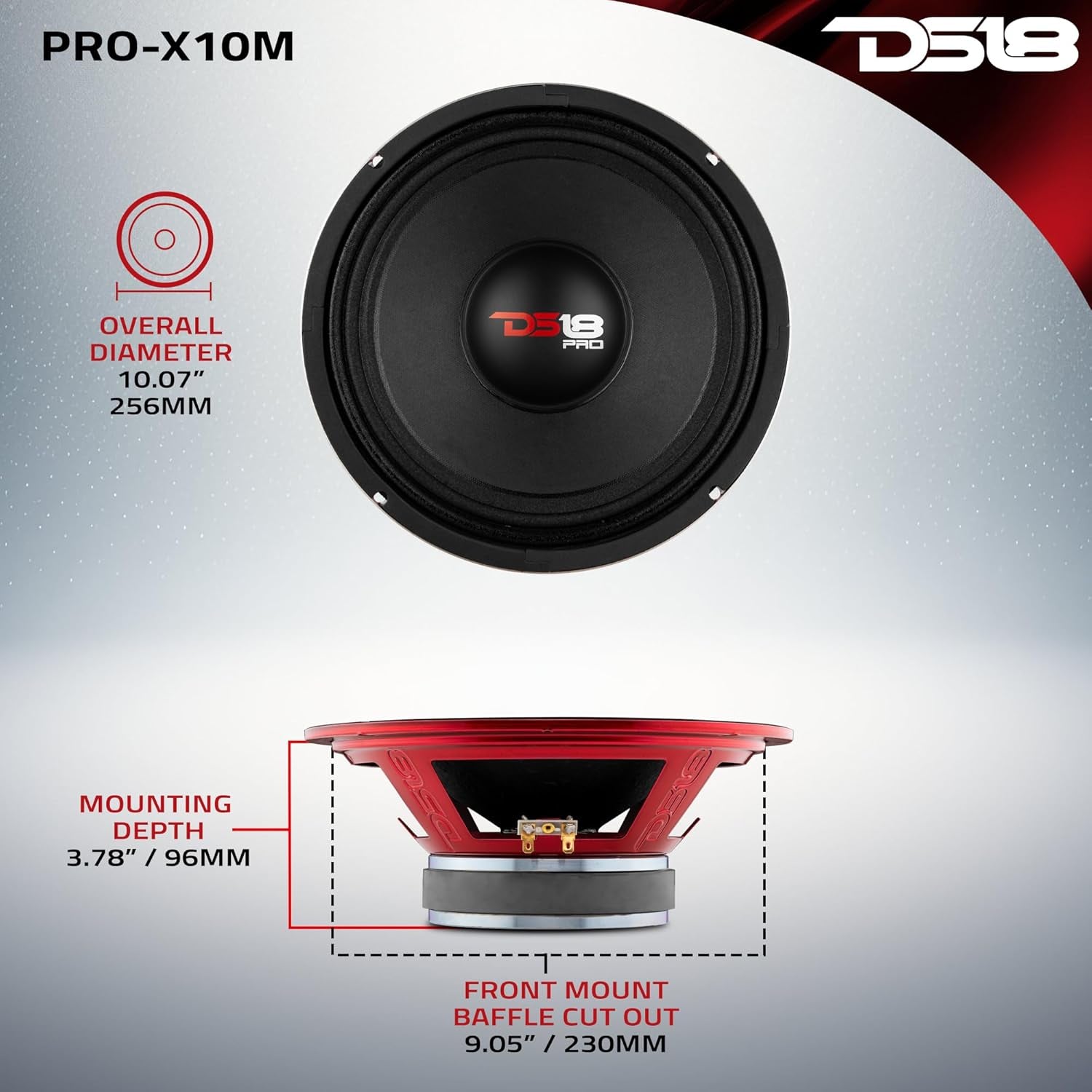 PRO-X10M 10" Midrange Loudspeaker with Red Steel Basket - 600W Max, 300W RMS, 8 Ohms - Premium Audio Door Speaker for Car or Truck Stereo Systems