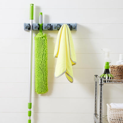 Rectangular Wall-Mounted Broom Holder and Garden Tool Organizer with 6 Hooks and 5 Slots, Dimensions: 43 x 8.5 x 6.2 cm, Gray