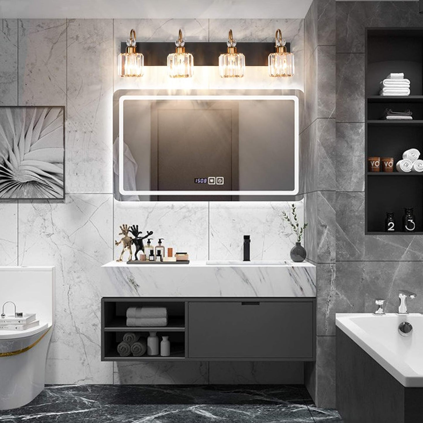 Modern LED Vanity Light Fixture with 4 Lights in Matte Black and Crystal Accents for Bathroom