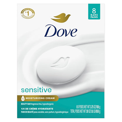 Dove Sensitive Skin Beauty Bar Soap - Fragrance-Free and Hypoallergenic, 8 Bars (3.75 oz each)
