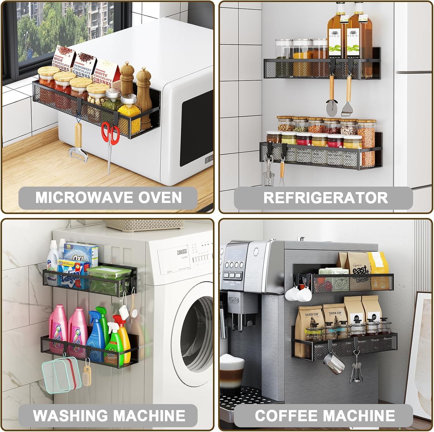 Magnetic Spice Rack Set for Refrigerator - 2-Pack Shelf Organizer with Adjustable Hooks for Kitchen Storage and Organization