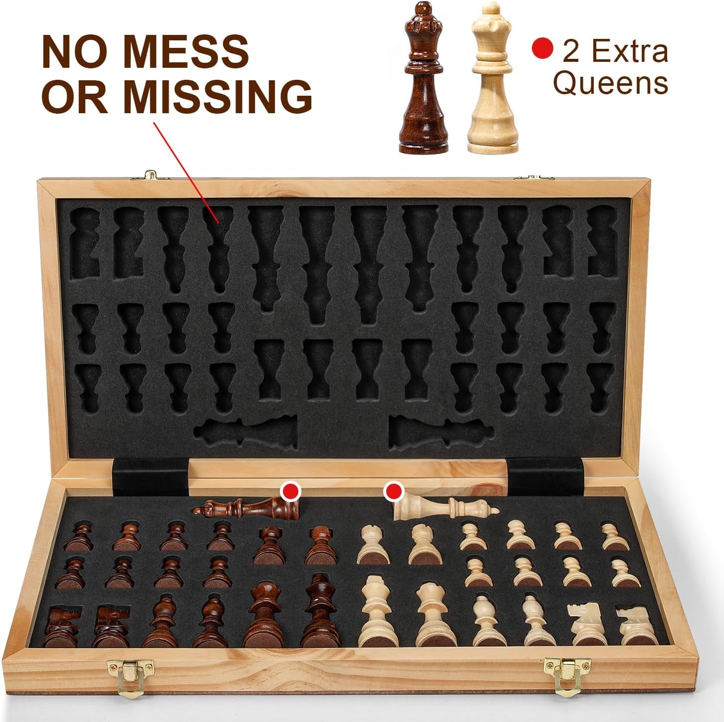 Premium 15" Wooden Magnetic Chess Set for Adults and Children, Handcrafted Folding Travel Board with Storage Slots and Additional Queens