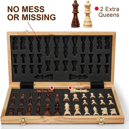 Premium 15" Wooden Magnetic Chess Set for Adults and Children, Handcrafted Folding Travel Board with Storage Slots and Additional Queens