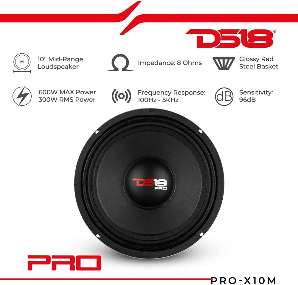 PRO-X10M 10" Midrange Loudspeaker with Red Steel Basket - 600W Max, 300W RMS, 8 Ohms - Premium Audio Door Speaker for Car or Truck Stereo Systems