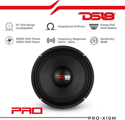 PRO-X10M 10" Midrange Loudspeaker with Red Steel Basket - 600W Max, 300W RMS, 8 Ohms - Premium Audio Door Speaker for Car or Truck Stereo Systems