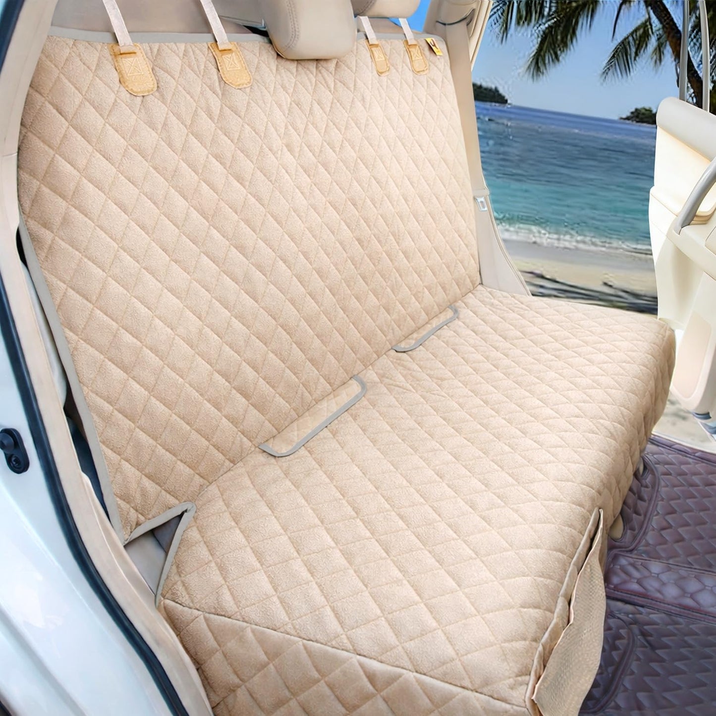Dog Car Seat Cover - Waterproof, Nonslip Back Seat Protector for Children, Universal Fit for Cars, Trucks, and SUVs (Beige)