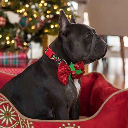 Christmas Holly Dog Collar with Bowtie, Adjustable 12"-16" Neck, Festive Collar for Small Dogs