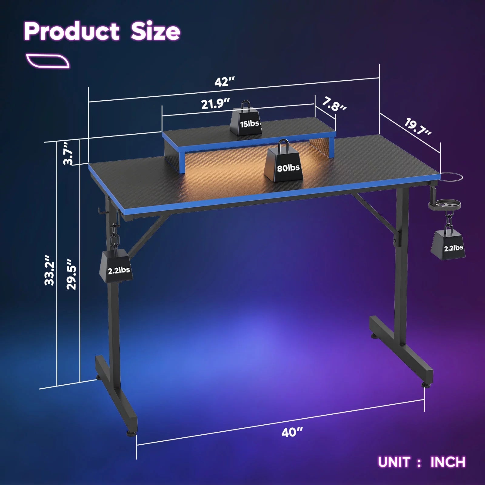 42-Inch Gaming Desk with LED Lights, Monitor Stand, Hook, and Cup Holder in Blue