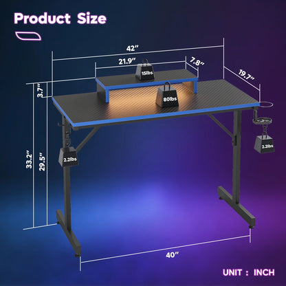42-Inch Gaming Desk with LED Lights, Monitor Stand, Hook, and Cup Holder in Blue